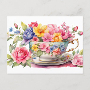 Postal Taza de té de acuarela con hermosas flores 