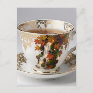 Postal Taza de té elegante de otoño con cascada y borde d