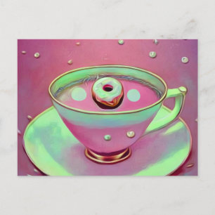 Postal Taza de té vintage surrealista y donut pequeño