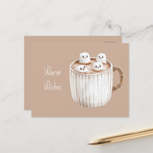 Postal Taza marrón de cacao Deseos Cálidos con malvavisco