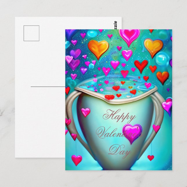 Postal Taza que se desborda con corazones de San Valentín (Anverso / Reverso)