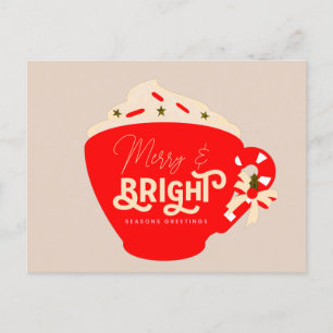 Postal Taza roja de chocolate caliente brillante de Navid
