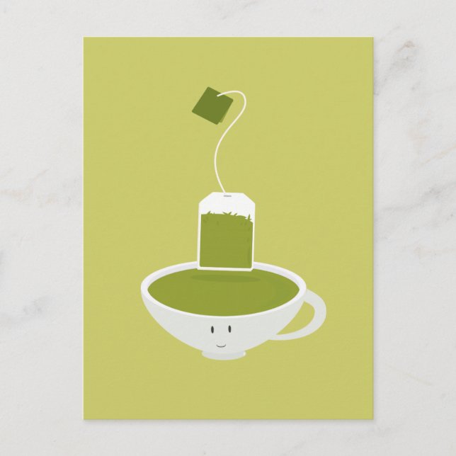 Postal Taza sonriente de té verde con bolso de té (Anverso)