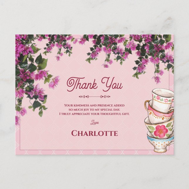 Postal Tazas de té rosadas apiladas agradecimiento de duc (Anverso)
