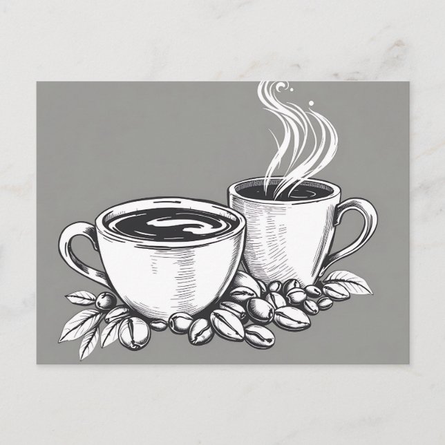Postal Tazas y granos de café monocromos (Anverso)