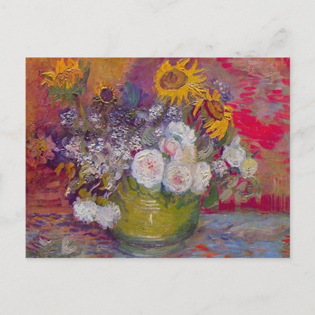 Postal Tazón con girasoles y rosas de Vincent van Gogh (Anverso)