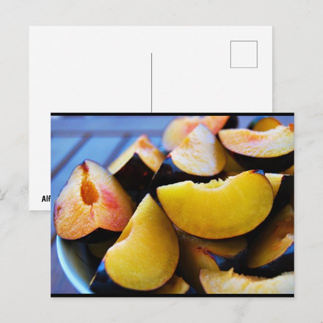 Postal Tazón de fruta de ciruela en rodajas (Anverso / Reverso)
