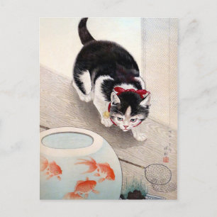 Postal Tazón de gato y peces de Ohara koson (1933)