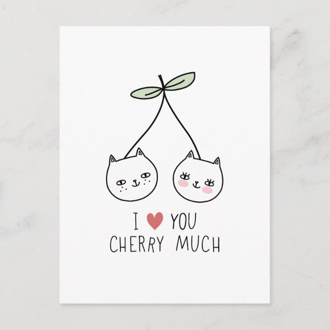 Postal Te amo Día de San Valentín Gato Cereza Amante (Anverso)