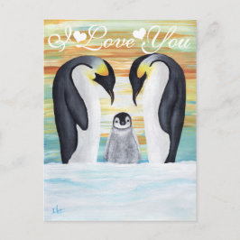 Postal Te amo familia de pingüinos con pingüino bebé