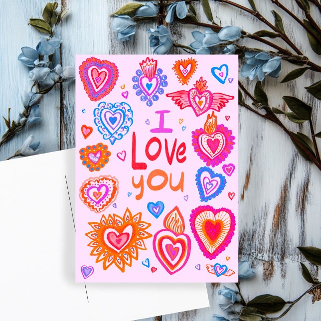 POSTAL TE AMO LOS CORAZONES SALIENTES Y AMIGOS (I LOVE YOU Valentine Colorful Whimsical HEARTS Postcard
)