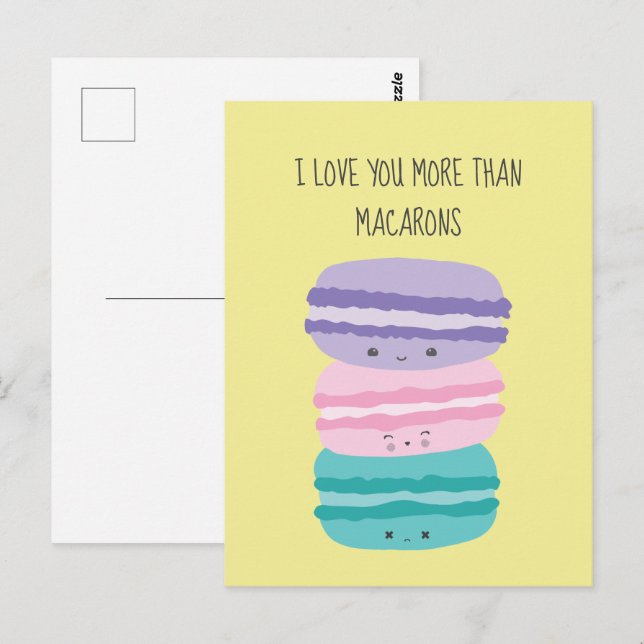 Postal Te amo más que Macarons Kawaii Pastel Cute (Anverso / Reverso)