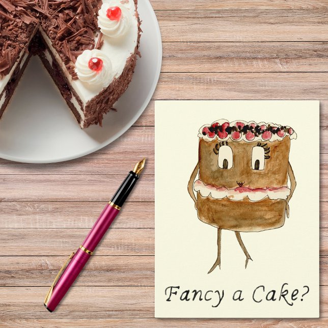 Postal ¿Te apetece un pastel divertido de chocolate con a (Black Forest gateau cute cartoon quote fancy a cake postcard for baking lovers)