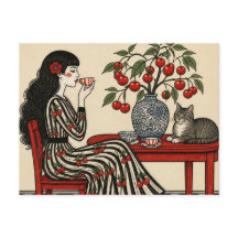 Té con mi gato en mi vestido de cereza