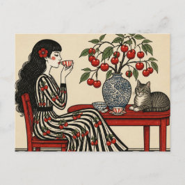 Postal Té con mi gato en mi vestido de cereza