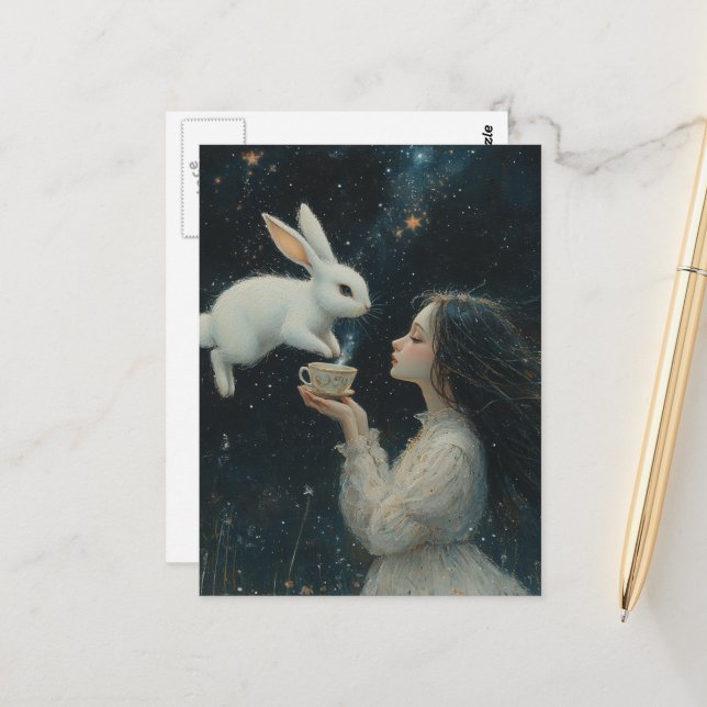 Postal Té de Alicia con la fantasía del conejo (Anverso/Reverso In Situ)