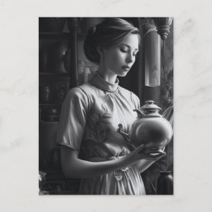 Postal Té de cocina de una mujer con película negra y bla