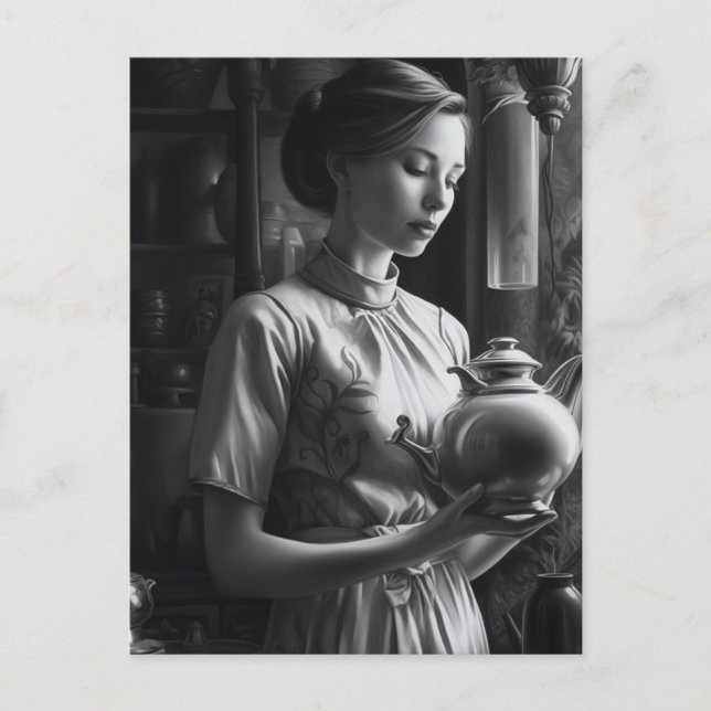 Postal Té de cocina de una mujer con película negra y bla (Anverso)