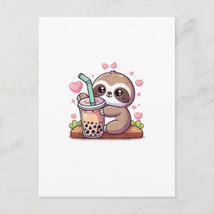 Postal Té de leche con burbujas de boba de perezoso lindo