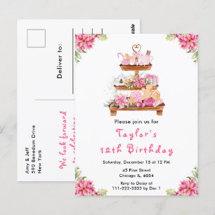 Postal Té de Navidad de Cumpleaños Fiesta Rosa