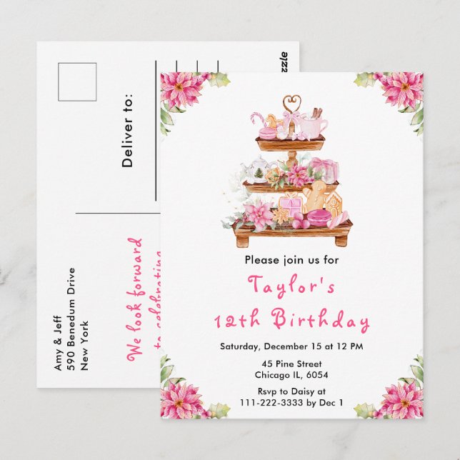 Postal Té de Navidad de Cumpleaños Fiesta Rosa (Anverso / Reverso)