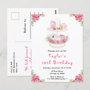 Postal Té de Navidad de Cumpleaños Fiesta Rosa