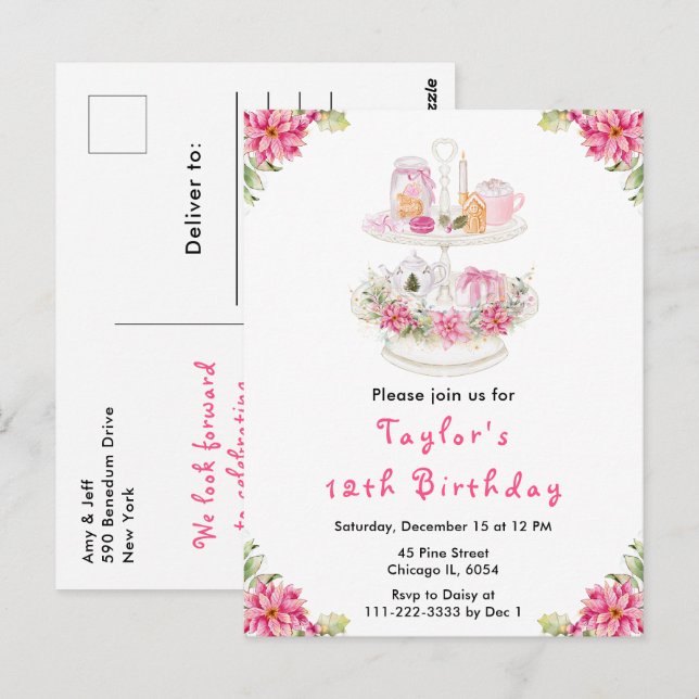 Postal Té de Navidad de Cumpleaños Fiesta Rosa (Anverso / Reverso)