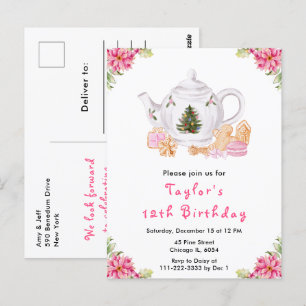 Postal Té de Navidad de Cumpleaños Fiesta Rosa