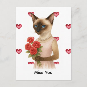 Postal Te extraño de Cat Mom siamesa sosteniendo rosas
