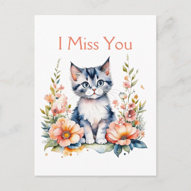 Postal Te Extraño | Gris gatito con flores rosas (Anverso)