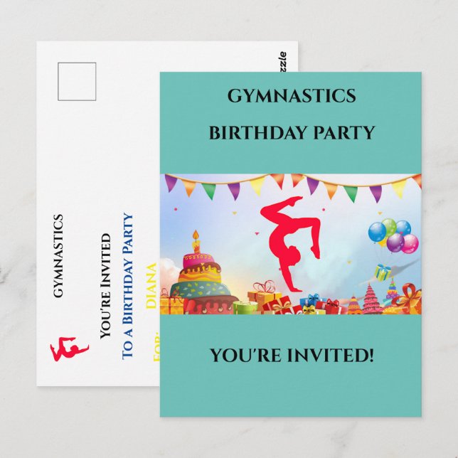 Postal Te invitan a un Fiesta de gimnasia personalizado (Anverso / Reverso)