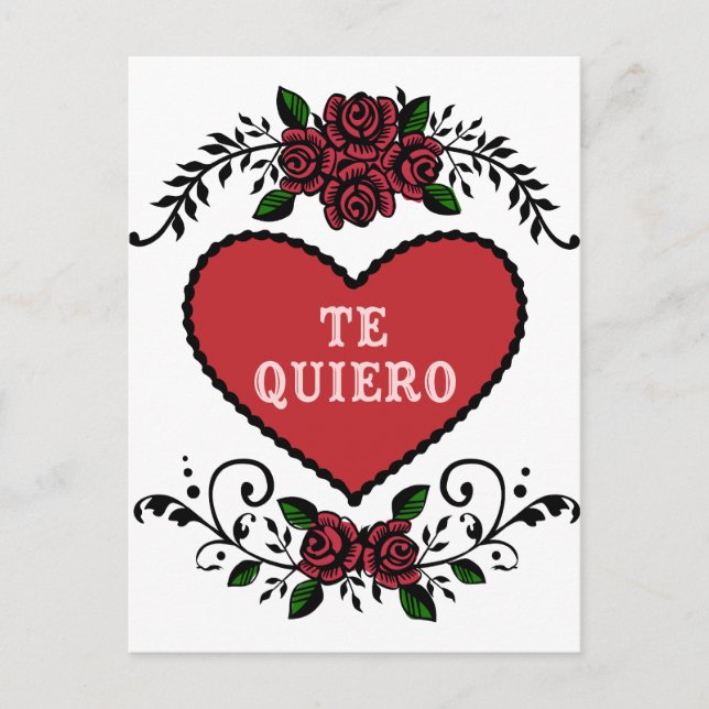 Postal Te quiero corazón antiguo y Rosas (Anverso)