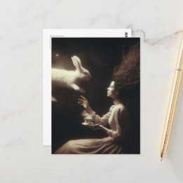 Postal Té Surreal mágico con conejo blanco