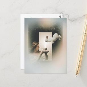 Postal Té surrealista mágico con el conejo blanco