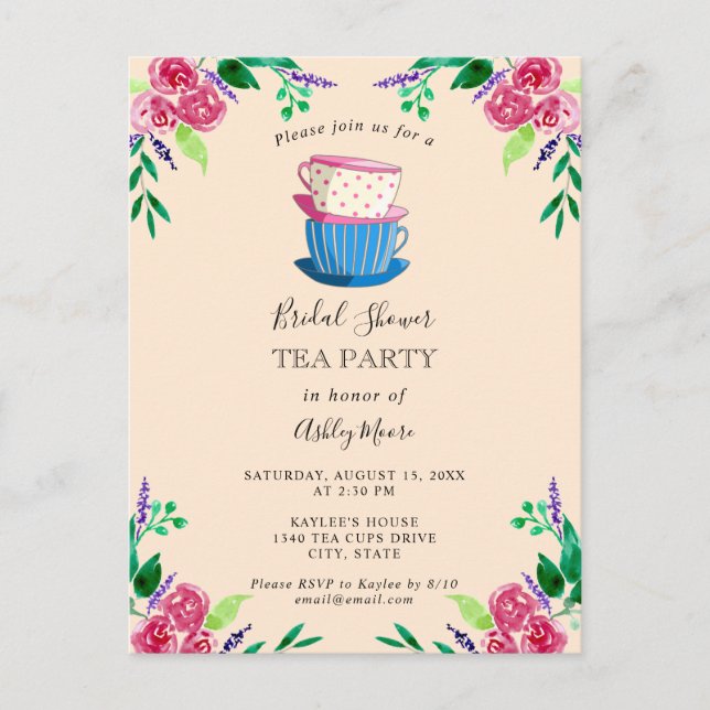 Postal Tea Fiesta Bridal Shower Flores de Bonito suave fl (Anverso)