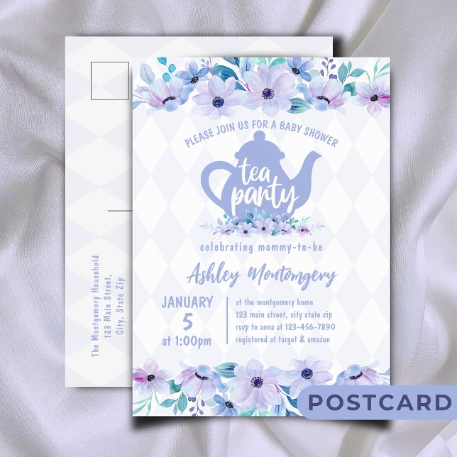 Postal Tea Fiesta Purple Watercolor Baby Shower (Subido por el creador)