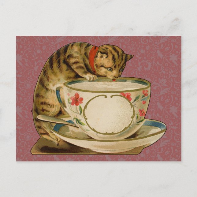Postal Teacup Cat Cute Vintage Victorian (Anverso)