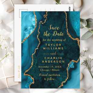 Postal Teal Blue y Gold Agate Marble Save The Date