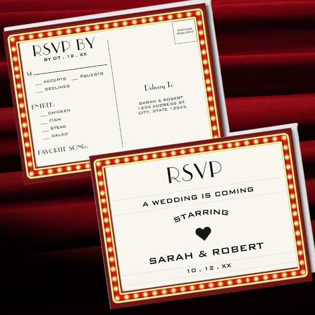 Postal Teatro de cine retro Marquee Rótulo Boda Roja RSVP (Retro Cinema Theater Marquee Sign Red Wedding RSVP Postcard)