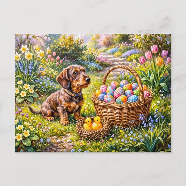 Postal Teckel sentado con cesta de Pascua en el jardín (Anverso)