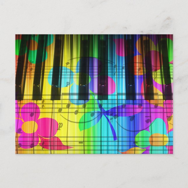 Postal Teclado y flores de piano eléctrico psicodélico (Anverso)
