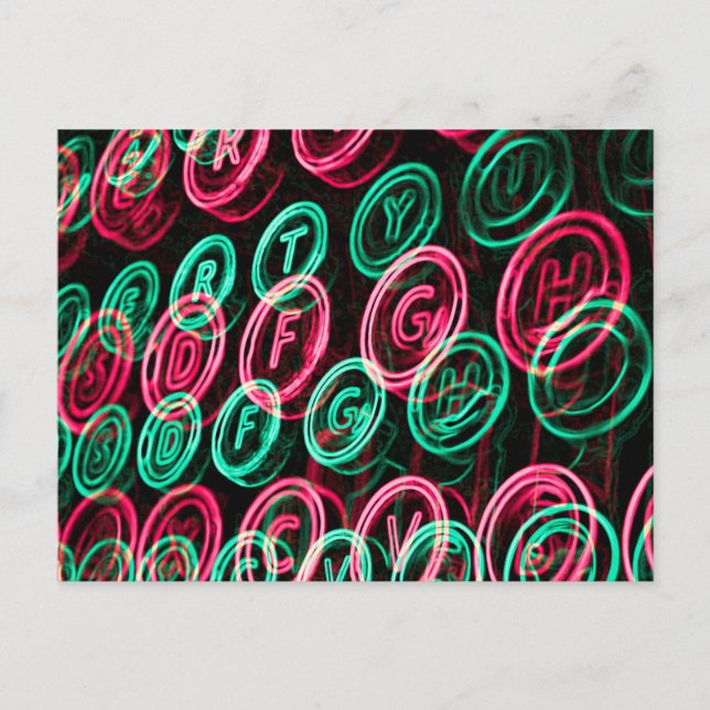 Postal Teclas de máquina de escribir neon de cerca (Anverso)