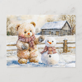 Postal Teddy Bear Building a Snowman