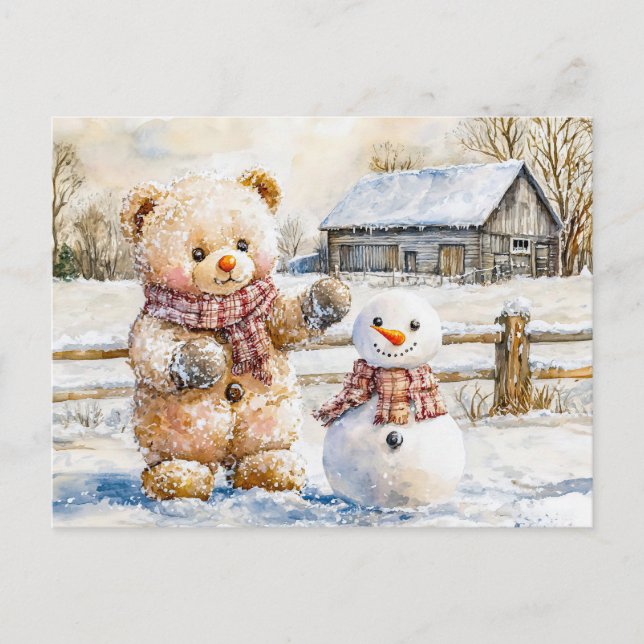 Postal Teddy Bear Building a Snowman (Anverso)