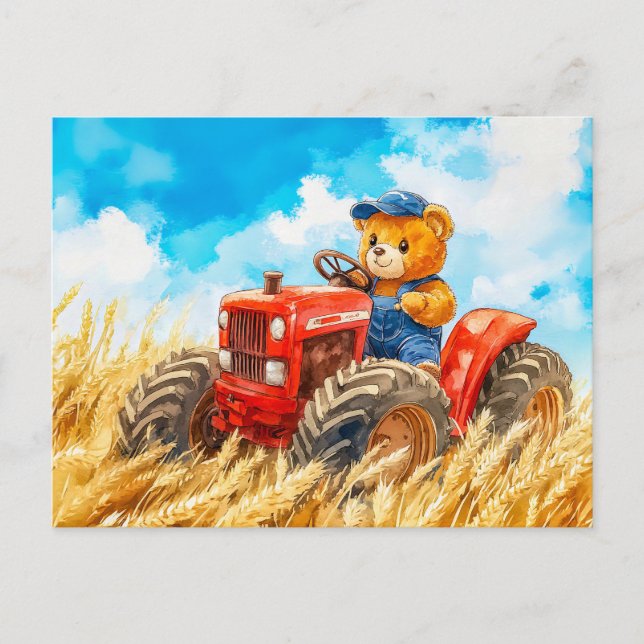 Postal  Teddy Bear Driving a Tractor in Wheat Field (Anverso)