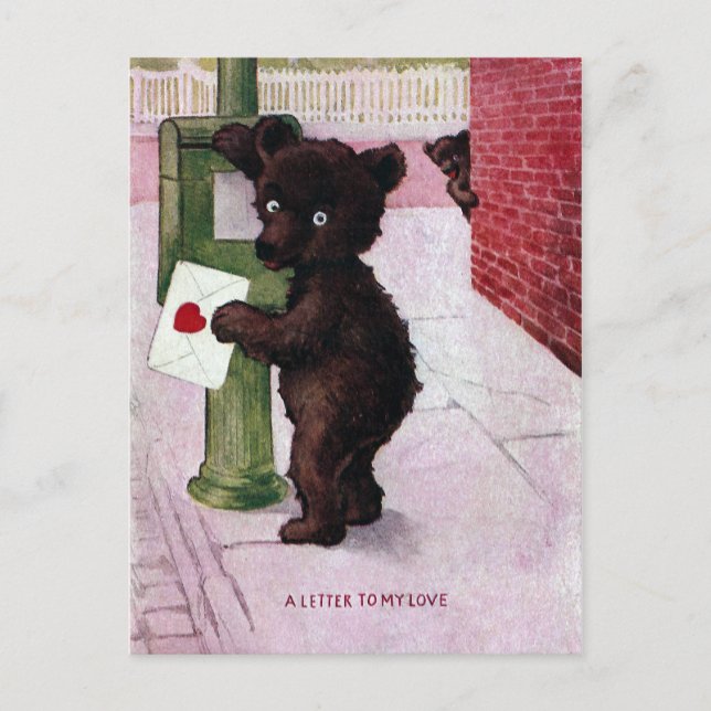 Postal Teddy Bear Enviando Carta De Amor (Anverso)
