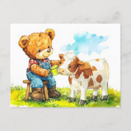 Postal Teddy Bear Feeding a Calf