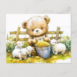 Postal Teddy Bear Feeding Sheep on Farm