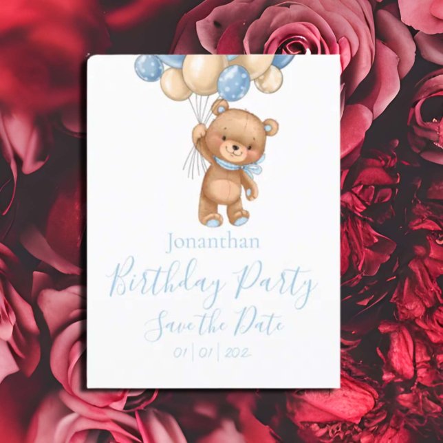 Postal Teddy Bear fiesta de cumpleaños Blue Boy salva la  (Pretty Watercolor Flowers Garden Baby Shower Invitation)