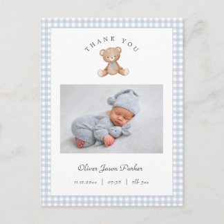 Postal Teddy Bear Gingham Baby Boy Birth Announcement